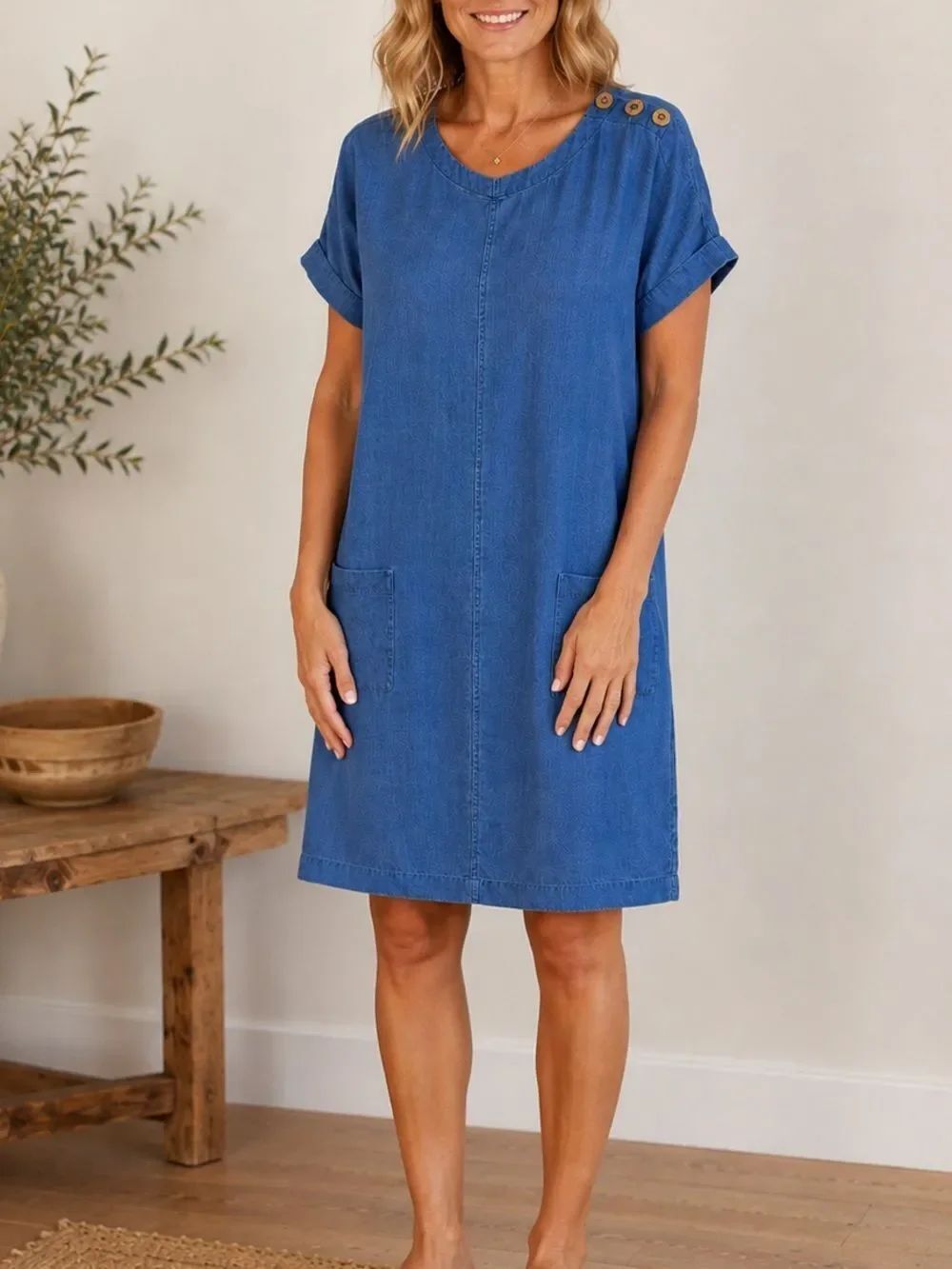 J. Jill Pure Jill Indigo Lyocell Shift Dress Blue Button Shoulder Size MP